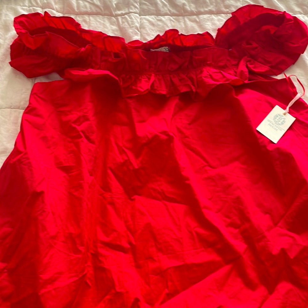 Red, off shoulder dress with pockets